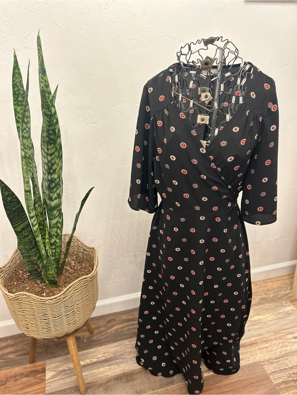 bobeau Black Wrap Midi Dress with Red‎ and Cream Floral Dots